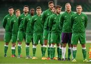 18 November 2015; Republic of Ireland captain Georgie Poynton and team-mates stand for the playing of the national anthem before the game. UEFA U19 Championships Qualifying Round, Group 1, Republic of Ireland v Scotland.  The Marketsfield, Limerick. Picture credit: Diarmuid Greene / SPORTSFILE