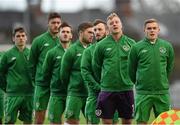 18 November 2015; Republic of Ireland captain Georgie Poynton and team-mates stand for the playing of the national anthem before the game. UEFA U19 Championships Qualifying Round, Group 1, Republic of Ireland v Scotland.  The Marketsfield, Limerick. Picture credit: Diarmuid Greene / SPORTSFILE