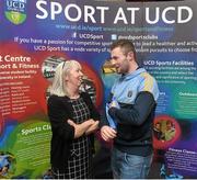 18 Novemeber 2015; GAA GPA All-Star Footballer of the Year Jack McCaffrey in conversation with Annette Billings, wife of the late Dave Billings, at the UCD GAA Scholarship Awards evening in UCD, Dublin. Picture credit: Stephen McCarthy / SPORTSFILE