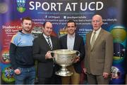 18 Novemeber 2015; Noel Delaney, Grant Thornton, second from left, with GAA GPA All-Star Footballer of the Year Jack McCaffrey, Dublin, left, Ger Brennan, Gaelic Games Executive, UCD, and Brian Mullins, Director of Sport, UCD, right, in attendance at the UCD GAA Scholarship Awards evening in UCD, Dublin. Picture credit: Stephen McCarthy / SPORTSFILE