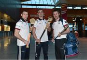 20 November 2015; Galway players Andy Smith, left, Greg Lally, centre, and Colm Callanan at Shannon Airport ahead of their departure to Boston for the AIG Fenway Hurling Classic and Irish Festival. Shannon Airport, Shannon, Co. Clare. Picture credit: Diarmuid Greene / SPORTSFILE