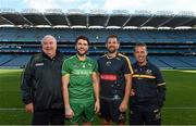 20 November 2015; Ireland manager Joe Kernan and captain Bernard Brogan with Australia captain Luke Hodge and manager Alastair Clarkson during the captain's call ahead of their side's EirGrid International Rules clash at Croke Park, Dublin. Picture credit: Stephen McCarthy / SPORTSFILE