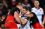 20 November 2015; Darren Cave, Ulster, is tackled by George Kruis, left, and Brad Barritt, Saracens. European Rugby Champions Cup, Pool 1, Round 2, Ulster v Saracens. Kingspan Stadium, Ravenhill Park, Belfast. Picture credit: Ramsey Cardy / SPORTSFILE