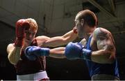 20 November 2015; David Biscevis, left, St.Saviours Boxing Cub, trades punches with Shane Egan, Bracken Boxing Club, during the 75kg contest. IABA Elite Boxing Championships. National Stadium, Dubllin. Picture credit: David Maher / SPORTSFILE