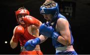 20 November 2015; Christopher O'Reilly, left, Bracken Boxing Club, trades punches with James Clancy, Ballymacargy Boxing Club, during the 75kg contest. IABA Elite Boxing Championships. National Stadium, Dubllin. Picture credit: David Maher / SPORTSFILE