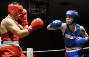 20 November 2015; Christopher O'Reilly, left, Bracken Boxing Club, trades punches with James Clancy, Ballymacargy Boxing Club, during the 75kg contest. IABA Elite Boxing Championships. National Stadium, Dubllin. Picture credit: David Maher / SPORTSFILE