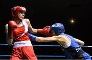 20 November 2015; Donna Barr, left, Twin Towns Boxing Club, trades punches with Alexandra Kornaga, Carrickmacross Boxing Club, during their semi final 48kg bout. IABA Elite Boxing Championships. National Stadium, Dubllin. Picture credit: David Maher / SPORTSFILE