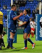 20 November 2015; Charlie Rock, Leinster A, is congratulated by teammate Tadhg Furlong, after scoring his team's seventh try of the match. B&I Cup, Pool 1, Leinster A v Moesley. Donnybrook Stadium, Donnybrook, Dublin. Picture credit: Seb Daly / SPORTSFILE