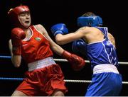 20 November 2015; Kayleigh Murrihy- McCormack, left, Kilfenora Boxing Club, trades punches with Shauna O’Keefe, Clonmel Boxing Club, during their semi final 60kg bout. IABA Elite Boxing Championships. National Stadium, Dubllin. Picture credit: David Maher / SPORTSFILE