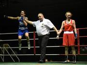 20 November 2015; Shauna O’Keefe, Clonmel Boxing Club, celebrates after being declared the winner over Kayleigh Murrihy- McCormack, Kilfenora Boxing Club, at the end of their semi final 60kg bout. IABA Elite Boxing Championships. National Stadium, Dubllin. Picture credit: David Maher / SPORTSFILE