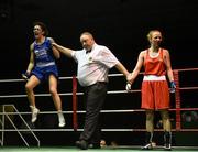 20 November 2015; Shauna O’Keefe, Clonmel Boxing Club, celebrates after being declared the winner over Kayleigh Murrihy- McCormack, Kilfenora Boxing Club, at the end of their semi final 60kg bout. IABA Elite Boxing Championships. National Stadium, Dubllin. Picture credit: David Maher / SPORTSFILE