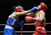 20 November 2015; Shanice Just, right, Arklow Boxing Club, trades punches with Cheyanne O’Neill Athlone Boxing Club, during their semi final 64kg bout. IABA Elite Boxing Championships. National Stadium, Dubllin. Picture credit: David Maher / SPORTSFILE