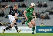 21 November 2015; Damien Healy, Ireland, in action against Conor Cormack, Scotland. 2015 Senior Hurling/Shinty International Series, 2nd leg, Ireland v Scotland. Croke Park, Dublin. Picture credit: Sam Barnes / SPORTSFILE