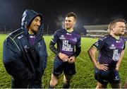 21 November 2015; Connacht's Bundee Aki, Robbie Henshaw and Jack Carty after victory over Brive. European Rugby Challenge Cup, Pool 1, Round 2, Connacht v Brive. The Sportsground, Galway. Picture credit: Diarmuid Greene / SPORTSFILE