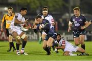 21 November 2015; Craig Ronaldson, Connacht, is tackled by Poutasi Luafutu, left, and Guillaume Ribes, Brive. European Rugby Challenge Cup, Pool 1, Round 2, Connacht v Brive. The Sportsground, Galway. Picture credit: Diarmuid Greene / SPORTSFILE