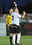 14 August 2009; Referee Damien Hancock shows the red card to Shaun Kelly, Dundalk. FAI Ford Cup Fourth Round, Dundalk v Bohemians FC, Oriel Park, Dundalk, Co. Louth. Picture credit; David Maher / SPORTSFILE