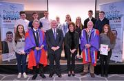 23 November 2015; Awardees, from North Dublin, pose for a photograph with, from left, Seán Campbell, CEO Foróige,  Uachtarán Chumann Lúthchleas Gael Aogán Ó Fearghail, Mary Earley, wife of Dermot Earley Snr, and Professor Pat Dolan, NUI Galway, after being presented with their  module one cert. for the Dermot Earley Youth Leadership Initiative. Dermot Earley Youth Leadership Initiative. Croke Park. Picture credit: Sam Barnes / SPORTSFILE