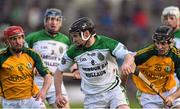 22 November 2015; Kevin Hynes, Sarsfields, in action against Niall Healy, left, and Keelan Cullinane, Craughwell. Galway County Senior Hurling Championship Final Replay, Craughwell v Sarsfields. Pearse Stadium, Galway. Picture credit: David Maher / SPORTSFILE