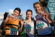 22 November 2015; The top three finishers in the Senior Women's event, from left, second place Lizzie Lee, Leevale A.C., first place Fionnuala McCormack, Kilcoole A.C., and third place Caroline Crowley, Crusaders A.C. GloHealth National Cross Country Championships, Santry Demesne, Dublin. Picture credit: Cody Glenn / SPORTSFILE