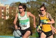 22 November 2015; Mick Clohisey, Raheny Shamrock A.C., races ahead of Ciarán Ó Lionáird, Leevale A.C., eventual 13th place finisher, on his way to winning the Senior Men's event. GloHealth National Cross Country Championships, Santry Demesne, Dublin. Picture credit: Cody Glenn / SPORTSFILE