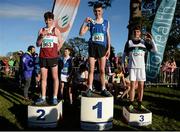 22 November 2015; Top finishers in the Under 16 Boy's event, from left, second place Jamie Battle, Mullingar Harriers A.C., first place Darragh McElhinney, Bantry A.C., and third place Louis O'Loughlin, Donore Harriers. GloHealth National Cross Country Championships, Santry Demesne, Dublin. Picture credit: Cody Glenn / SPORTSFILE