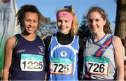 22 November 2015; Top three finishers in the Under 18 Girl's event, from left, second place Nadia Power, Templeogue A.C., first place Isabel Carron, Skerries, A.C., and third place Sophie Murphy, Dundrum South Dublin A.C. GloHealth National Cross Country Championships, Santry Demesne, Dublin. Picture credit: Cody Glenn / SPORTSFILE