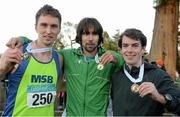 22 November 2015; Top three finishers in the Senior Men's event, from left, second place John Coghlan, Metro St. Brigids A.C., first place Mick Clohisey, Raheny Shamrock A.C, and third place Paul Pollock, Annadale Striders. GloHealth National Cross Country Championships, Santry Demesne, Dublin. Picture credit: Cody Glenn / SPORTSFILE