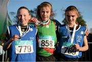 22 November 2015; Top finishers in the Under 14 Girl's event, from left, second place Aimee Hayde, Newport A.C., first place Saoirse O'Brien, Westport A.C., and third place Sarah Morrison, St. Nicholas A.C. GloHealth National Cross Country Championships, Santry Demesne, Dublin. Picture credit: Cody Glenn / SPORTSFILE
