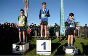 22 November 2015; Top finishers in the Under 12 Boy's event, from left, second place Donnacha McNamara, Annalee A.C., first place Diarmuid Healy, Midleton A.C., and third place Niall Murphy, St. Cronans A.C. GloHealth National Cross Country Championships, Santry Demesne, Dublin. Picture credit: Cody Glenn / SPORTSFILE