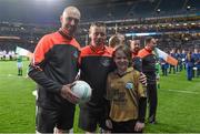 21 November 2015; Neasa Ni Bhriain, who presented the official match ball to referees Mathew Hicholls, left, and Joe McQuillan before the game. EirGrid International Rules Test 2015, Ireland v Australia. Croke Park, Dublin. Picture credit: Brendan Moran / SPORTSFILE