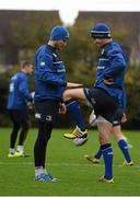 23 November 2015; Leinster's Jonathan Sexton warms up for training with Diarmaid Brennan, Senior Rehabilitation Coach, during squad training. Leinster Rugby Squad Training. Rosemount, UCD, Belfield, Dublin. Picture credit: Ramsey Cardy / SPORTSFILE