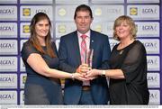 1 June 2016; Donegal manager Michael Naughton, centre, receives the award for Lidl Manager of the Month for May in Association with the Irish Daily Star from Aoife Clarke, head of communications, Lidl Ireland, left, and Marie Hickey, President of Ladies Gaelic Football, right, at the Lidl Ladies Teams of the League Award Night. The Lidl Teams of the League were presented at Croke Park with 60 players recognised for their performances throughout the 2016 Lidl National Football League Campaign. The 4 teams were selected by opposition managers who selected the best players in their position with the players receiving the most votes being selected in their position. Croke Park, Dublin. Photo by Cody Glenn/Sportsfile