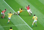 9 August 2009; Aidan Kilcoyne, Mayo, scores a point despite the efforts of Eoghan Harrington, 4, and Chris O'Connor, Meath. GAA Football All-Ireland Senior Championship Quarter-Final, Meath v Mayo, Croke Park, Dublin. Picture credit: Ray McManus / SPORTSFILE