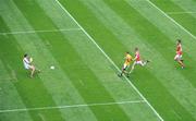 9 August 2009; Mayo goalkeeper Kenneth O'Malley, saves a shot from Brian Farrell, Meath. GAA Football All-Ireland Senior Championship Quarter-Final, Meath v Mayo, Croke Park, Dublin. Picture credit: Daire Brennan / SPORTSFILE