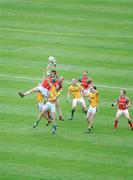 9 August 2009; Mayo midfielders Ronan McGarrity, left, and David Heaney, contest a high ball with Meath midfielders Nigel Crawford, left, and Brian Meade. GAA Football All-Ireland Senior Championship Quarter-Final, Meath v Mayo, Croke Park, Dublin. Picture credit: Daire Brennan / SPORTSFILE