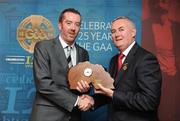 16 August 2009; Uachtarán Chumann Lúthchleas Gael Criostóir Ó Cuana presents the 2008 GAA MacNamee National Media Award to Jackie Cahill. Croke Park, Dublin. Picture credit: Stephen McCarthy / SPORTSFILE