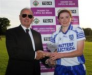 15 August 2009; Monaghan's Niamh Kindlon is presented with the player of the match award by Sean McMullen, Chairman of the Leinster Council. TG4 All-Ireland Ladies Football Senior Championship Quarter-Final, Monaghan v Galway, Ballymahon GAA Club, Ballymahon, Co. Longford. Photo by Sportsfile