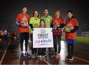 24 November 2015; Athlete John Travers and Christine Whelan, from Forest Feast, with Lusk A.C. athletes, from left, Daniel O'Brien, Mary McKenna, Mia Broderick Kinsella and Thomas Lara Leonard at the Forest Feast Fit4Youth Workshop. Morton Stadium, Santry. Photo by Sportsfile