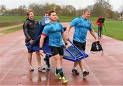 24 November 2015; Munster players Cathal Sheridan, John Ryan and Mike Kennedy, along with scrum coach Jerry Flannery, lift some equipment on to the pitch before squad training. University of Limerick, Limerick. Picture credit: Diarmuid Greene / SPORTSFILE