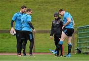 24 November 2015; Munster players Denis Hurley, Andrew Conway and Tommy O'Donnell with strength and conditioning coach PJ Wilson during squad training. University of Limerick, Limerick. Picture credit: Diarmuid Greene / SPORTSFILE