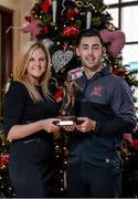 25 November 2015; Richie Towell, Dundalk, is presented with his SSE Airtricity/SWAI Player of the Month Award for November 2015 by Leanne Sheill from SSE Airtricity. Davenport Hotel, Merrion Square, Dublin. Picture credit: Sam Barnes / SPORTSFILE