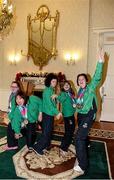 25 November 2015; Team Ireland athletes, left to right, Kirsty Devlin, Aoife O'SullEvan, Ashleigh O'Hagan, Laura Ahearne and Shauna Stewart in a celebratory mood at Aras an Uachtarain as the Special Olympics World Summer Games 'Team Ireland' are honoured by President Michael D. Higgins and his wife Sabina. Aras an Uachtarain, Phoenix Park, Dublin. Picture credit: Ray McManus / SPORTSFILE
