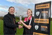 26 November 2015; Ruth Fahy, Wexford Youths Women's AFC, is presented with the Continental Tyres Women’s National League Player of the Month Award for October 2015 by John Morgan, Business Development Manager, Continental Tyres. Bishopstown Stadium, Curaheen, Co. Cork. Picture credit: Diarmuid Greene / SPORTSFILE