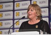 1 June 2016; Marie Hickey, President of Ladies Gaelic Football, speaks at the Lidl Ladies Teams of the League Award Night. The Lidl Teams of the League were presented at Croke Park with 60 players recognised for their performances throughout the 2016 Lidl National Football League Campaign. The 4 teams were selected by opposition managers who selected the best players in their position with the players receiving the most votes being selected in their position. Croke Park, Dublin. Photo by Cody Glenn/Sportsfile