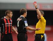18 August 2009; Referee Damian Hancock shows the red card to Gary Deegan, Bohemians FC. FAI Ford Cup Fourth Round Replay, Bohemians FC v Dundalk, Dalymount Park, Dublin. Picture credit: David Maher / SPORTSFILE