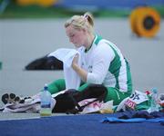 20 August 2009; Ireland's Eileen O'Keeffe reacts after her third attempt, which was her second throw which failed to leave the cage and recorded no mark, during qualifying for the Women's Hammer Final where she threw a mark of 63.20m but failed to make the final. 12th IAAF World Championships in Athletics, Olympic Stadium, Berlin, Germany. Picture credit: Brendan Moran / SPORTSFILE