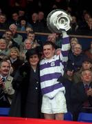 17 March 2000; Clongowes Wood College captain John Smyth lifts the cup following the Leinster Schools Senior Challenge Cup Final match between Terenure College and Clongowes Wood College at Lansdowne Road in Dublin. Photo by Aoife Rice/Sportsfile