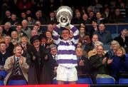 17 March 2000; Clongowes Wood College captain John Smyth lifts the cup following the Leinster Schools Senior Challenge Cup Final match between Terenure College and Clongowes Wood College at Lansdowne Road in Dublin. Photo by Aoife Rice/Sportsfile