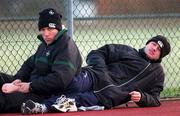 15 January 2001; David Humphreys, right, is treated for an injury by team physio Ailbe McCormack during Ireland rugby squad training at ALSAA Club in Dublin. Photo by Brendan Moran/Sportsfile