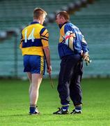 19 November 2000; Sixmilebridge manager Paddy Meehan speaks with Niall Gilligan during the AIB Munster Senior Hurling Club Championship Semi-Final match between Patrickswell and Sixmilebridge at the Gaelic Grounds in Limerick. Photo by Damien Eagers/Sportsfile
